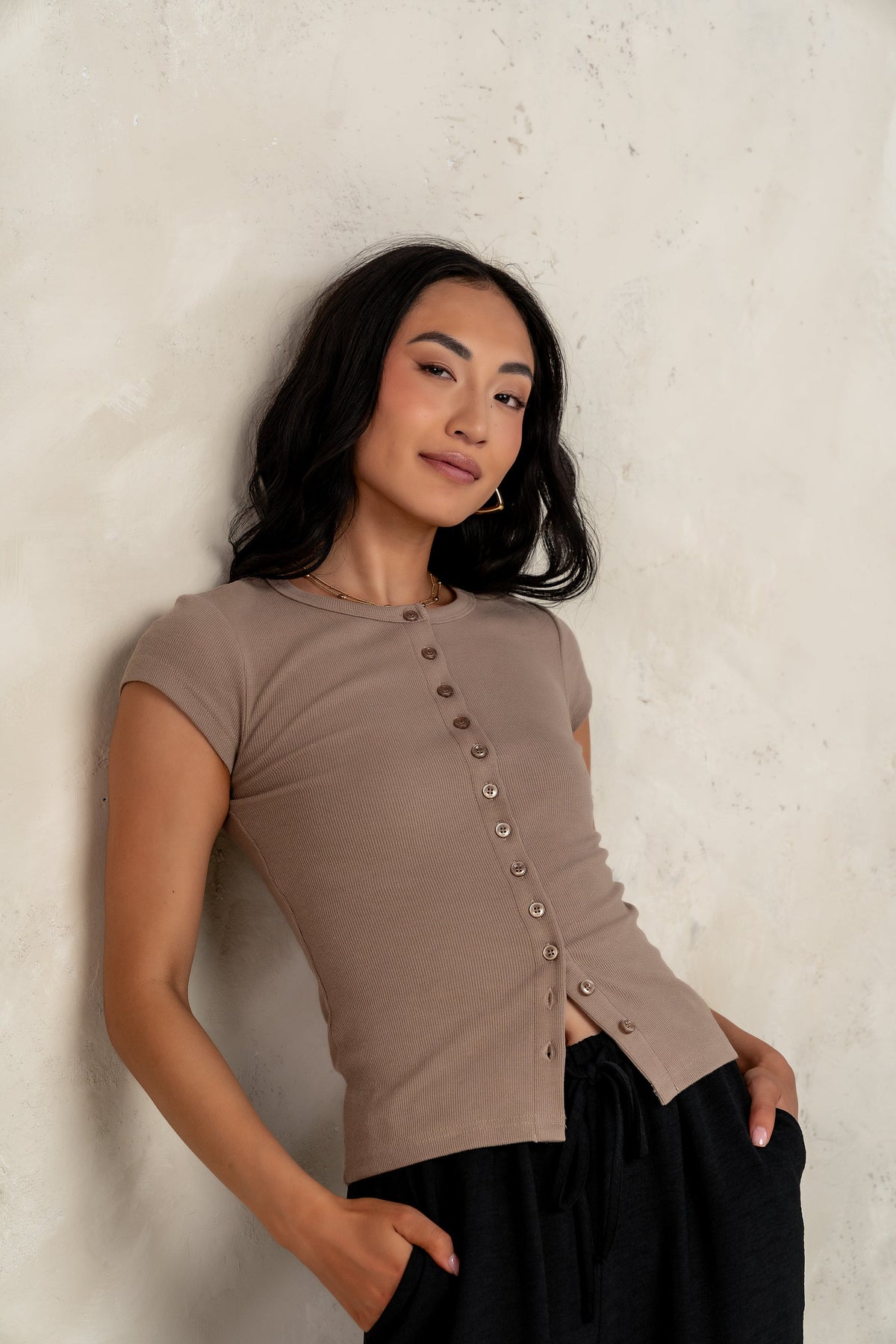 Vestia Button Up Tee in Taupe