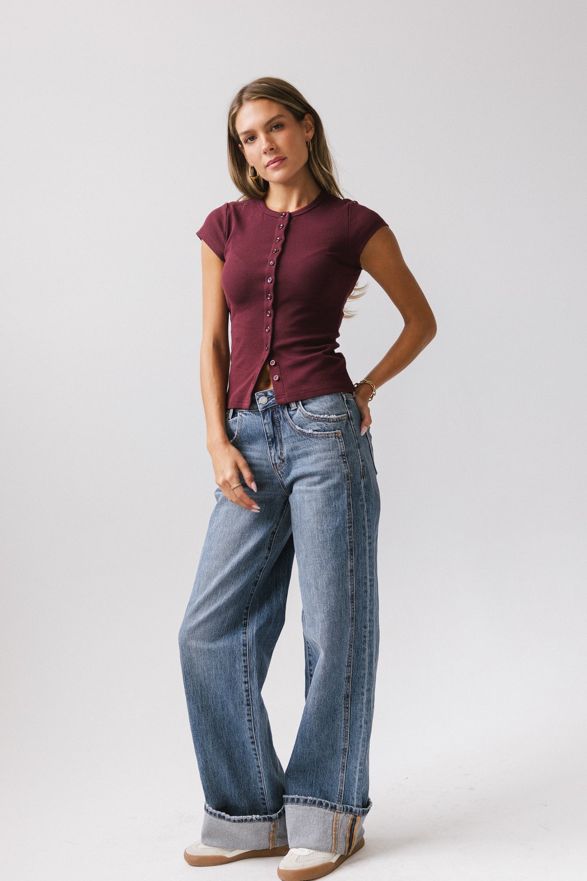 Vestia Button Up Tee in Burgundy - FINAL SALE