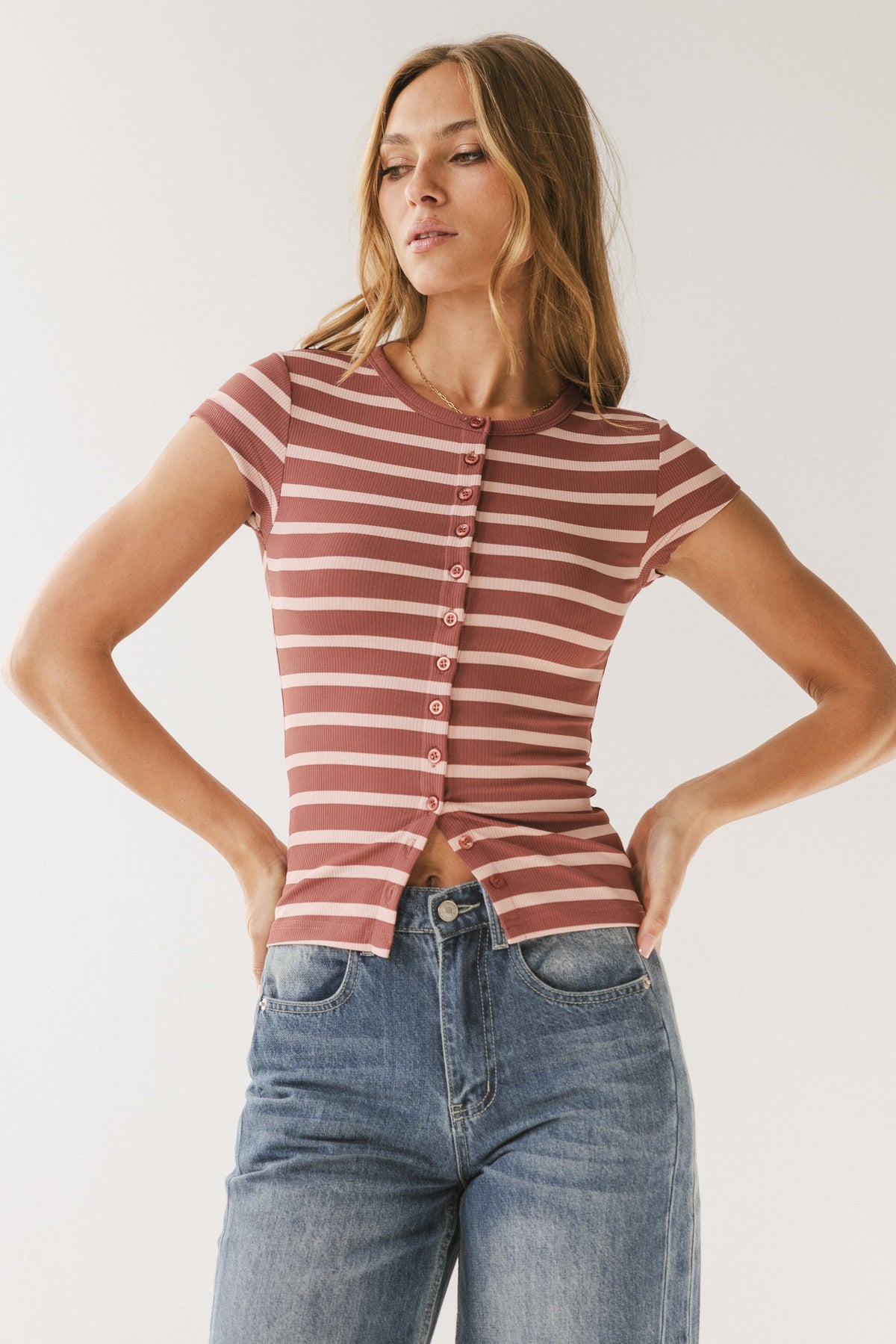 Vestia Striped Button Up Tee in Pink - FINAL SALE