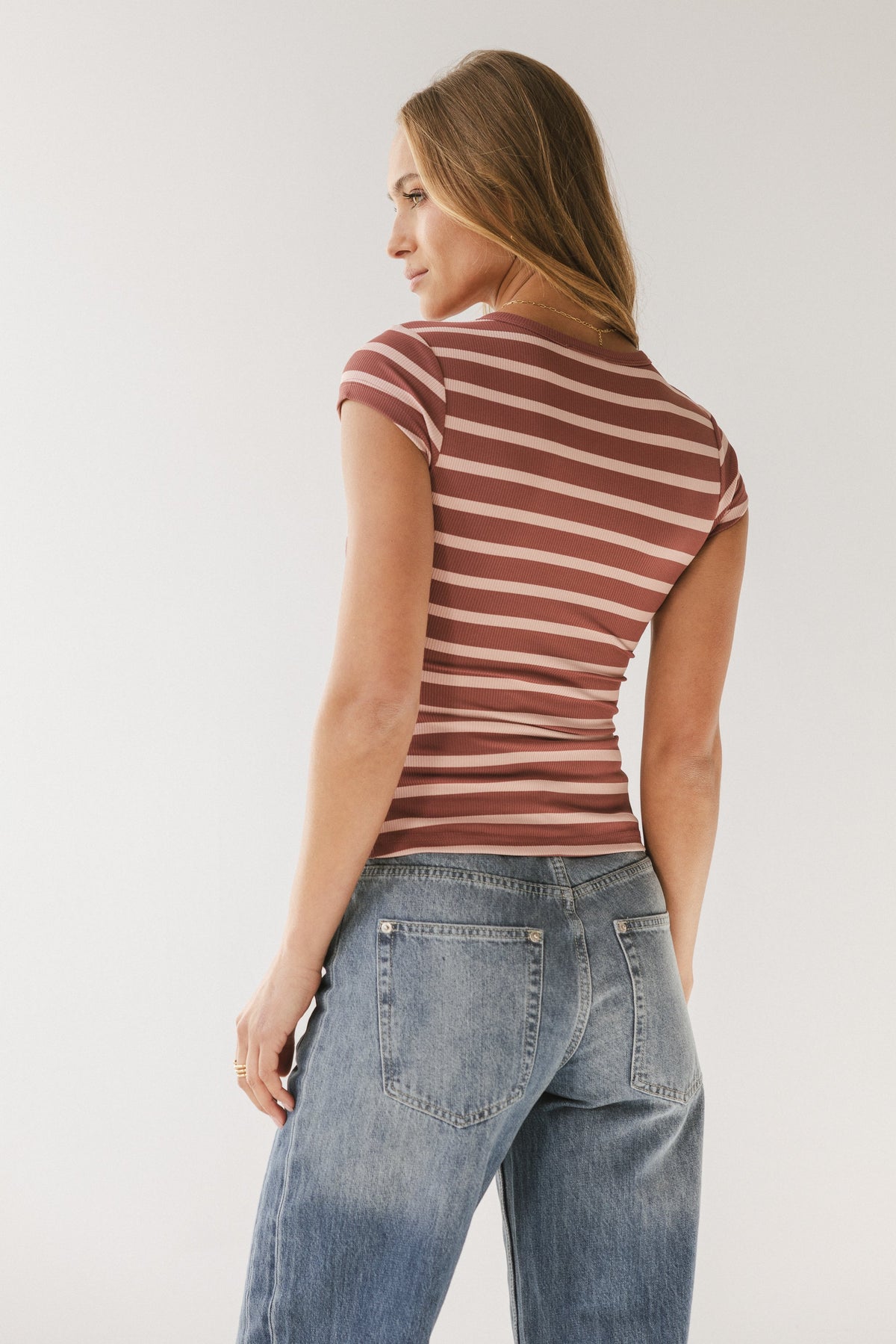 Vestia Striped Button Up Tee in Pink - FINAL SALE
