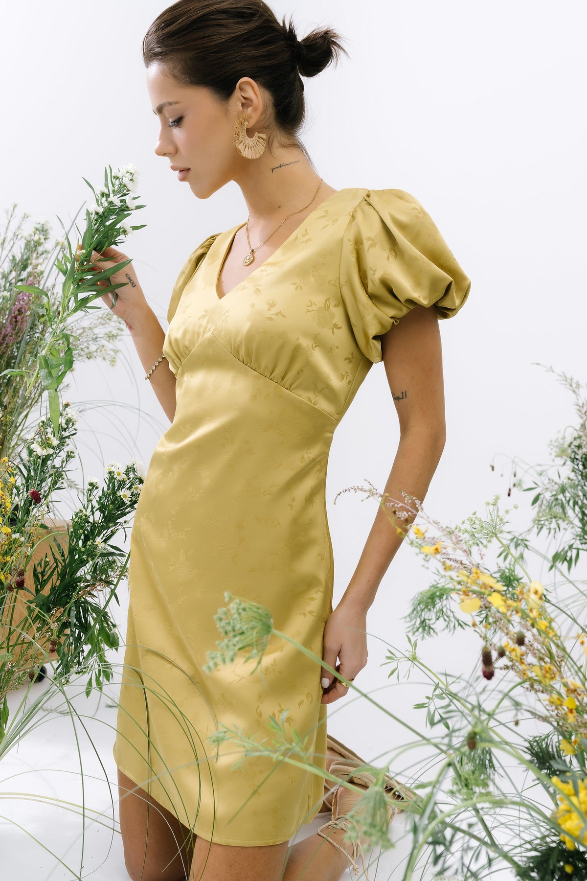 Brenna Floral Mini Dress in Chartreuse - FINAL SALE