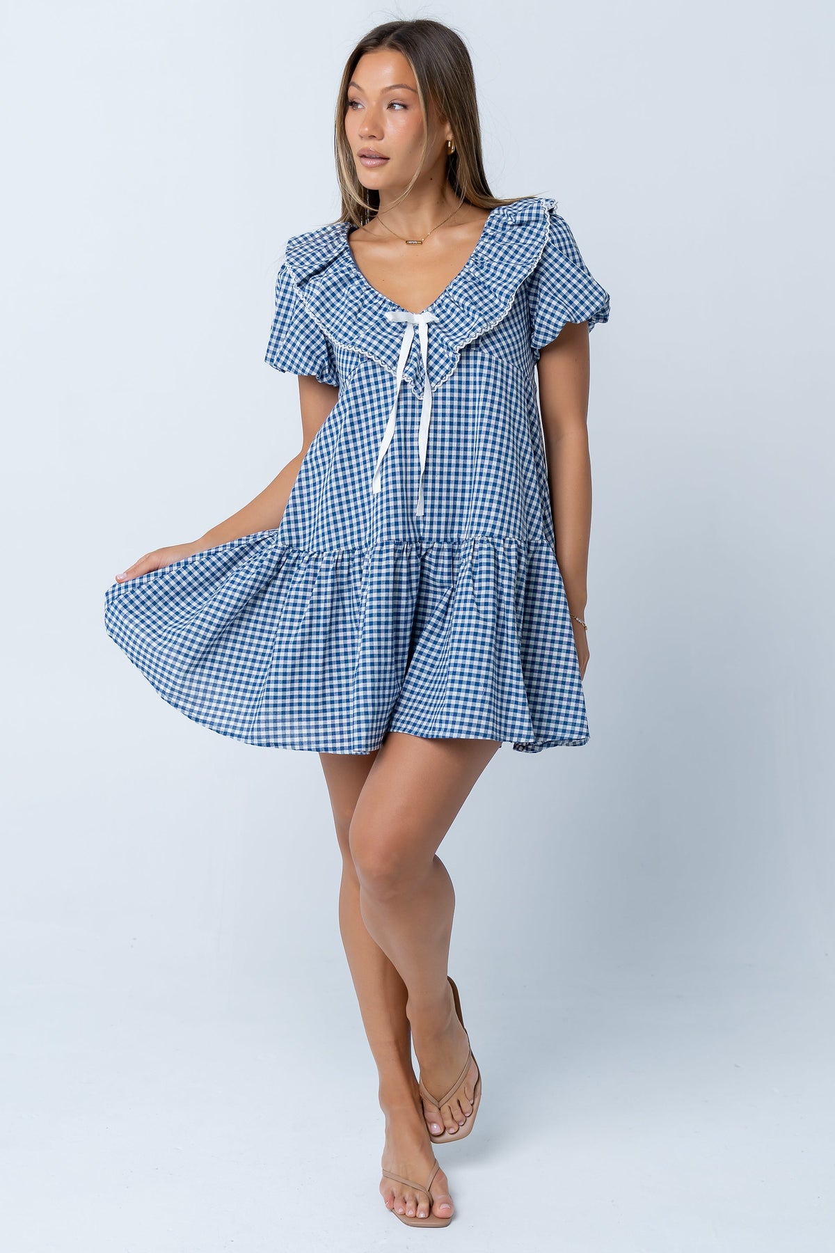 Tony Gingham Baby Doll Dress in Blue - FINAL SALE