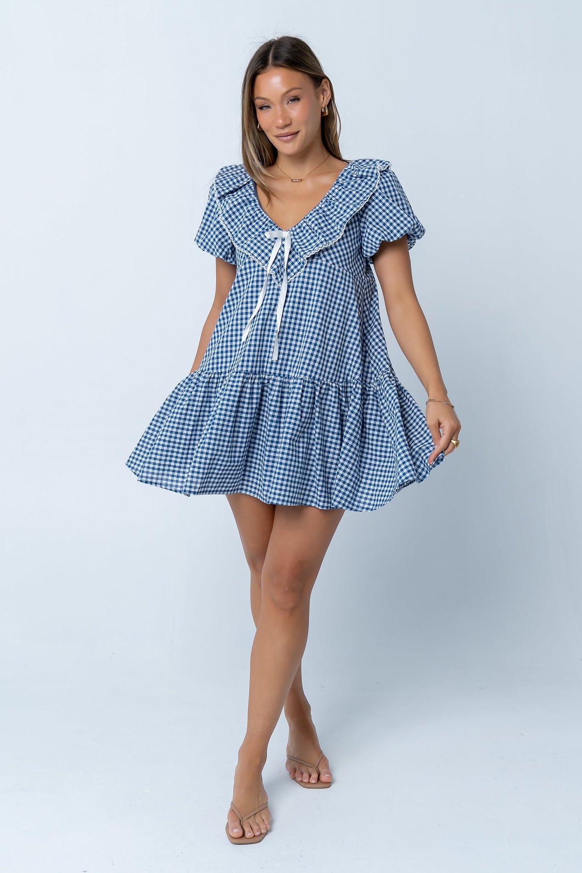 Tony Gingham Baby Doll Dress in Blue - FINAL SALE