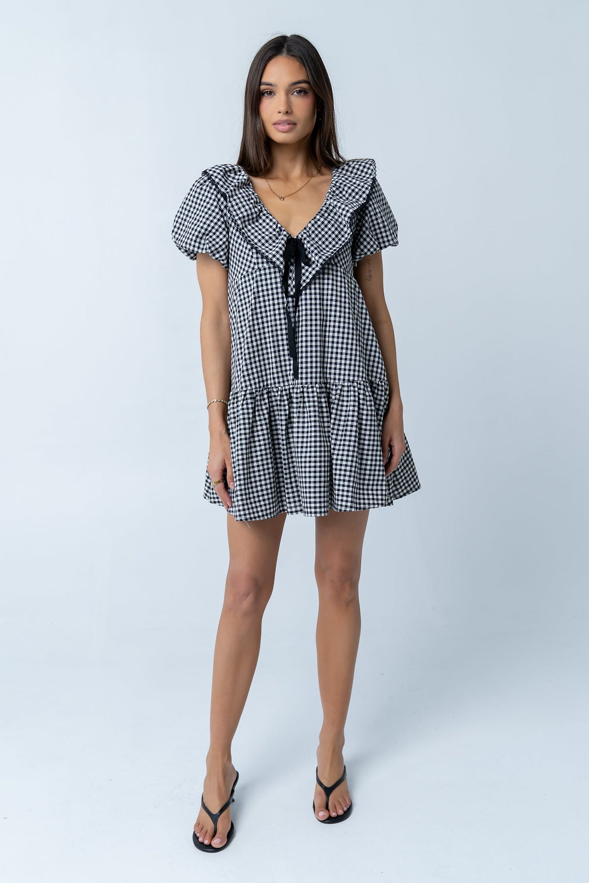 Tony Gingham Baby Doll Dress in Black