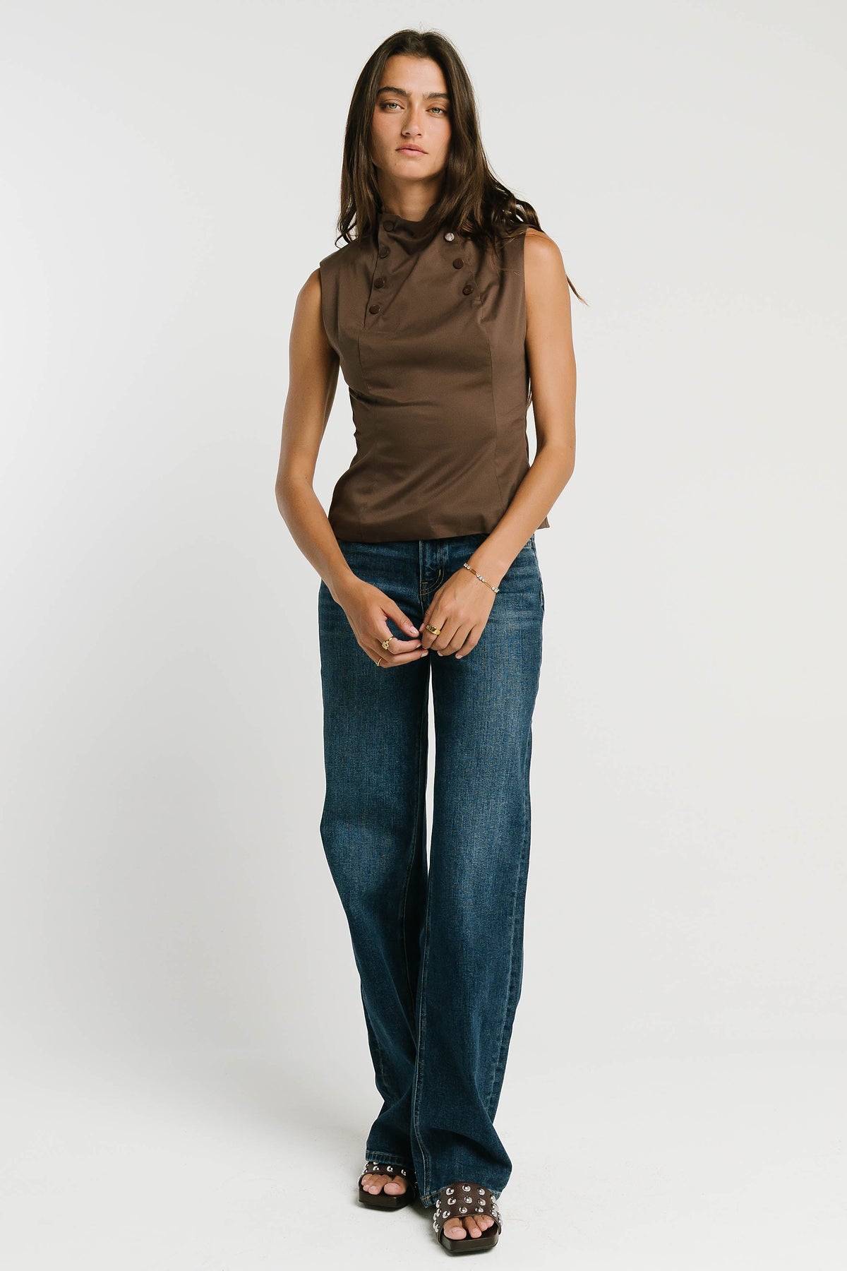 Kaia Mock Neck Tank in Brown