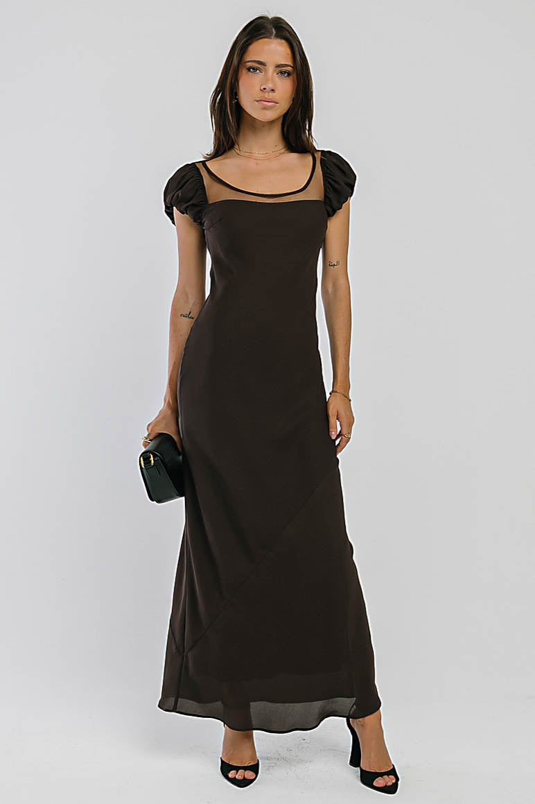 Ellie Mesh Maxi Dress in Brown