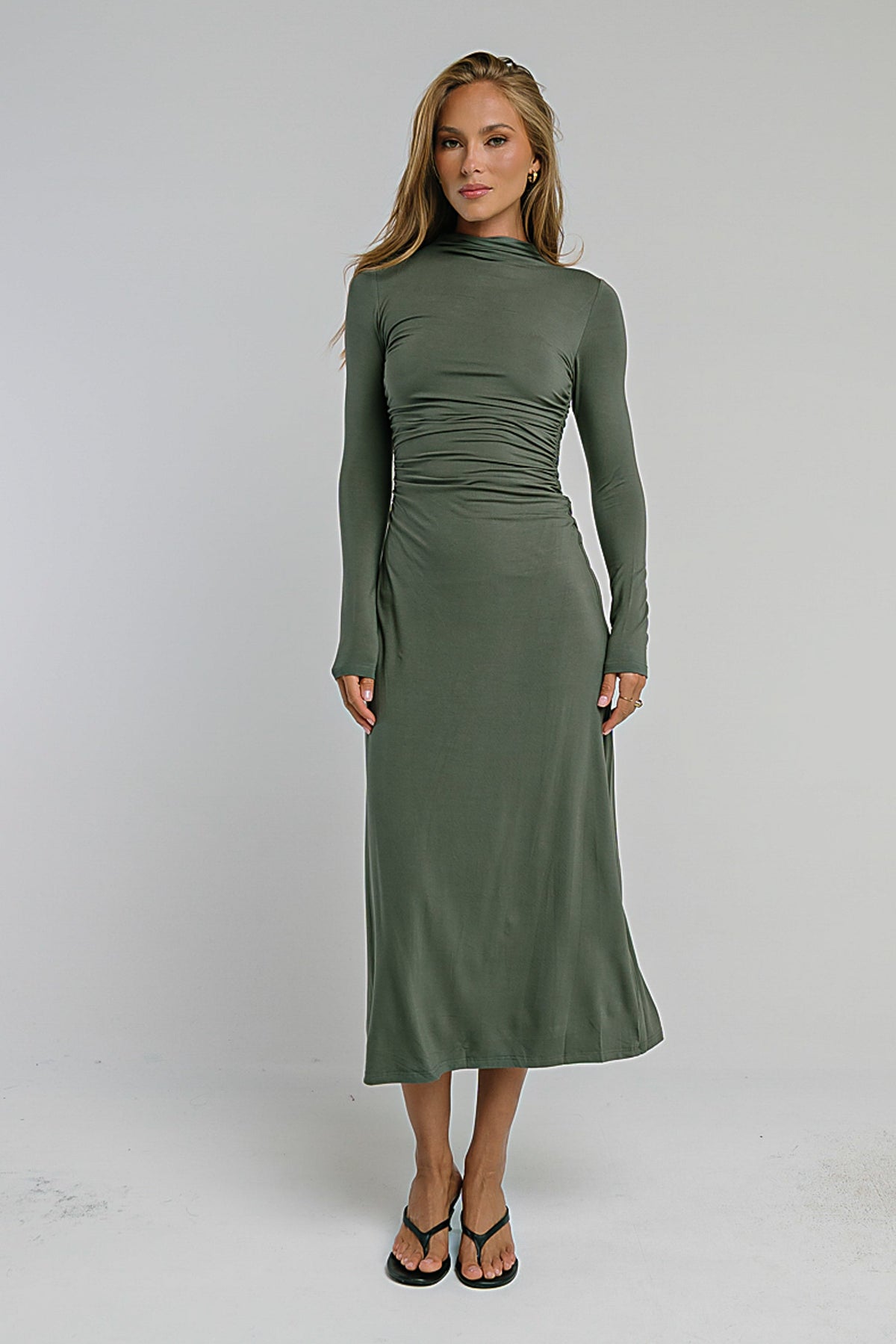 Ruth Ruched Midi Dress in Olive