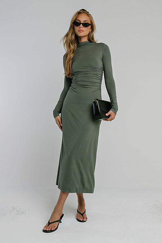 Ruth Ruched Midi Dress in Olive