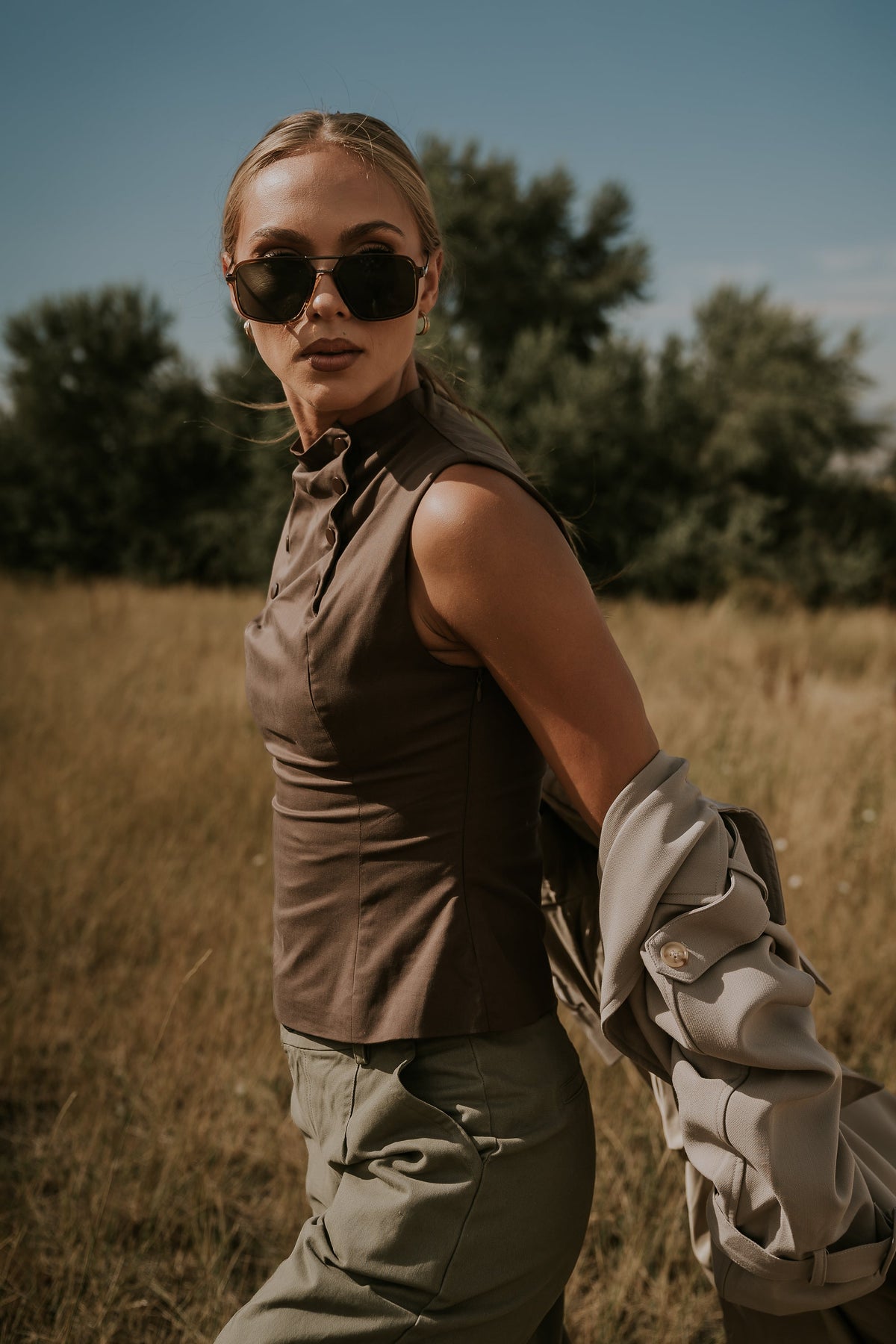 Kaia Mock Neck Tank in Brown