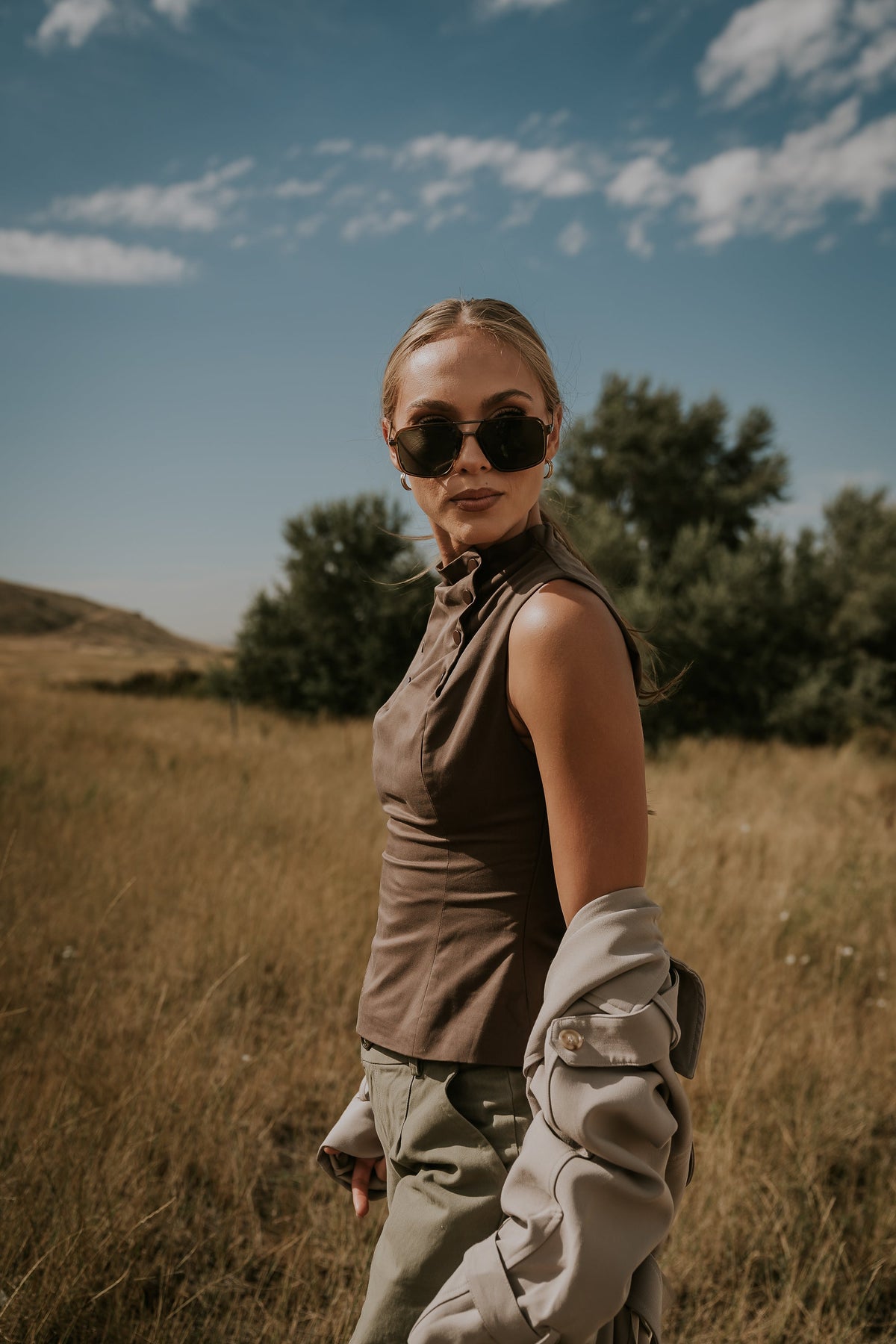 Kaia Mock Neck Tank in Brown