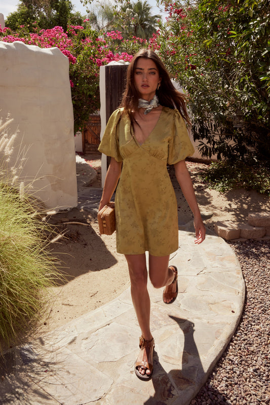 Brenna Floral Mini Dress in Chartreuse - FINAL SALE